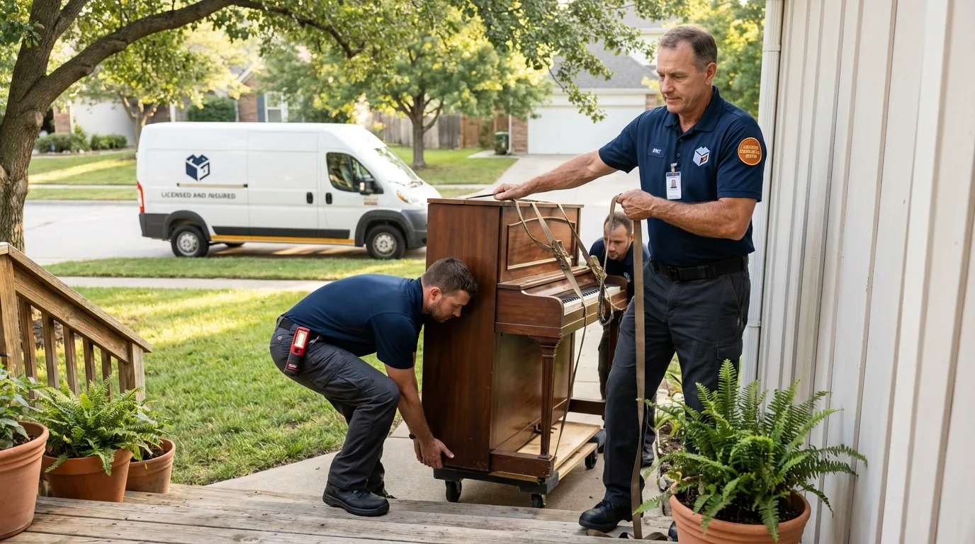 Licensed piano movers securing grand piano in Swanton, VT