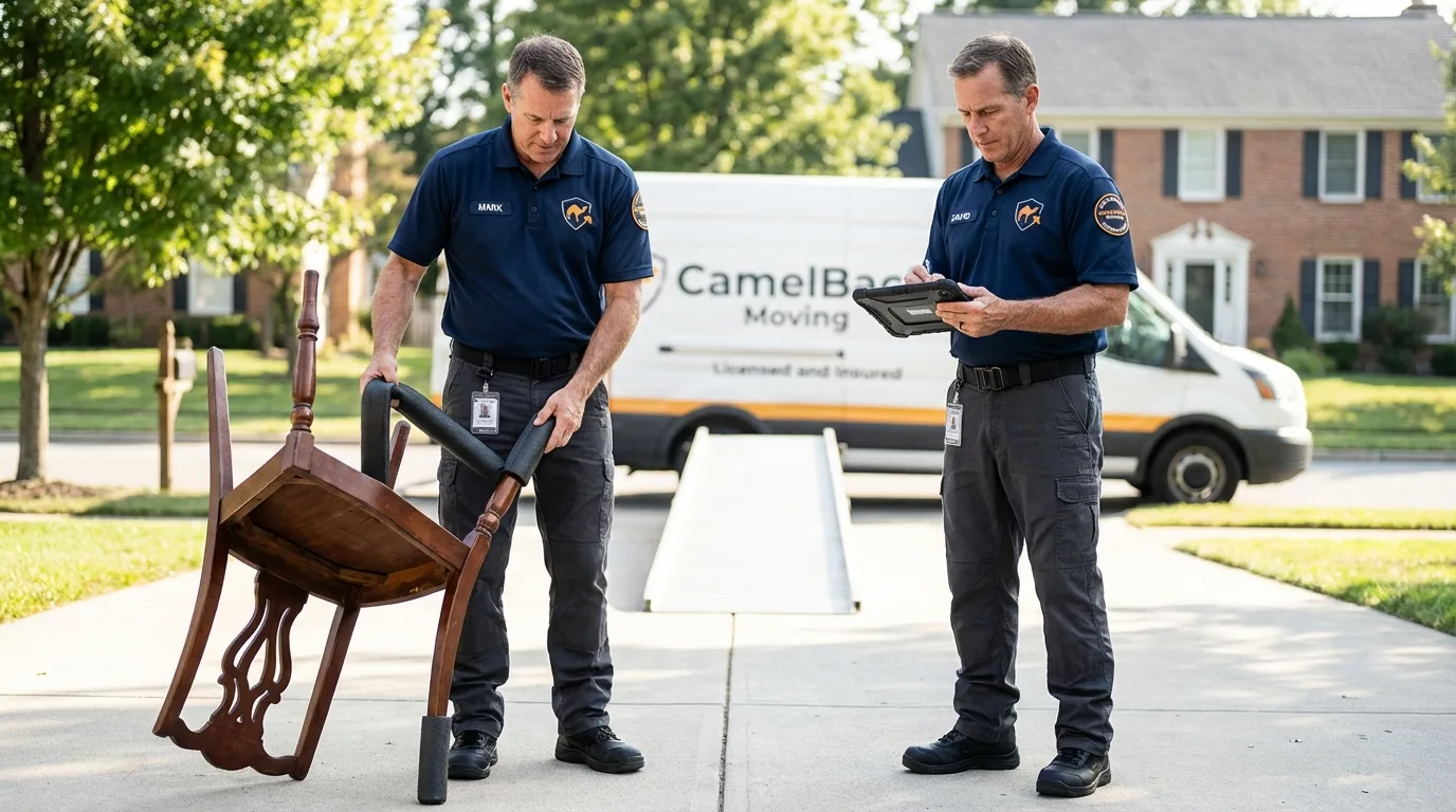 Movers inspecting furniture for damage prevention before loading in Swanton, VT